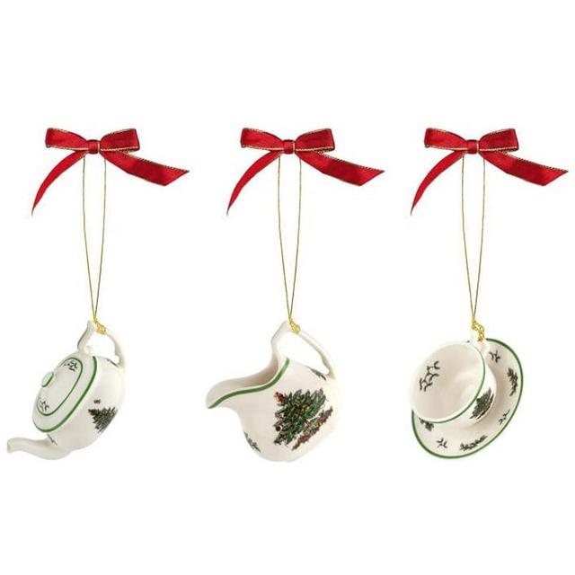 Spode Christmas Tree Collection, 3 Piece Tea Set Ornaments, Teapot, Creamer, & a Teacup & Saucer, Use as a Napkin Ring, Hanging Ornament, Gift, Or Home Decoration