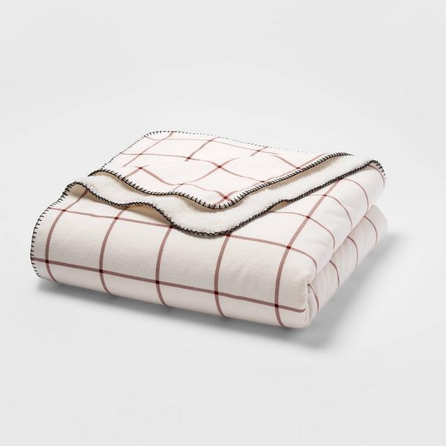 Full/Queen Printed Pattern Flannel & Sherpa Bed Blanket Red Windowpane - Threshold™