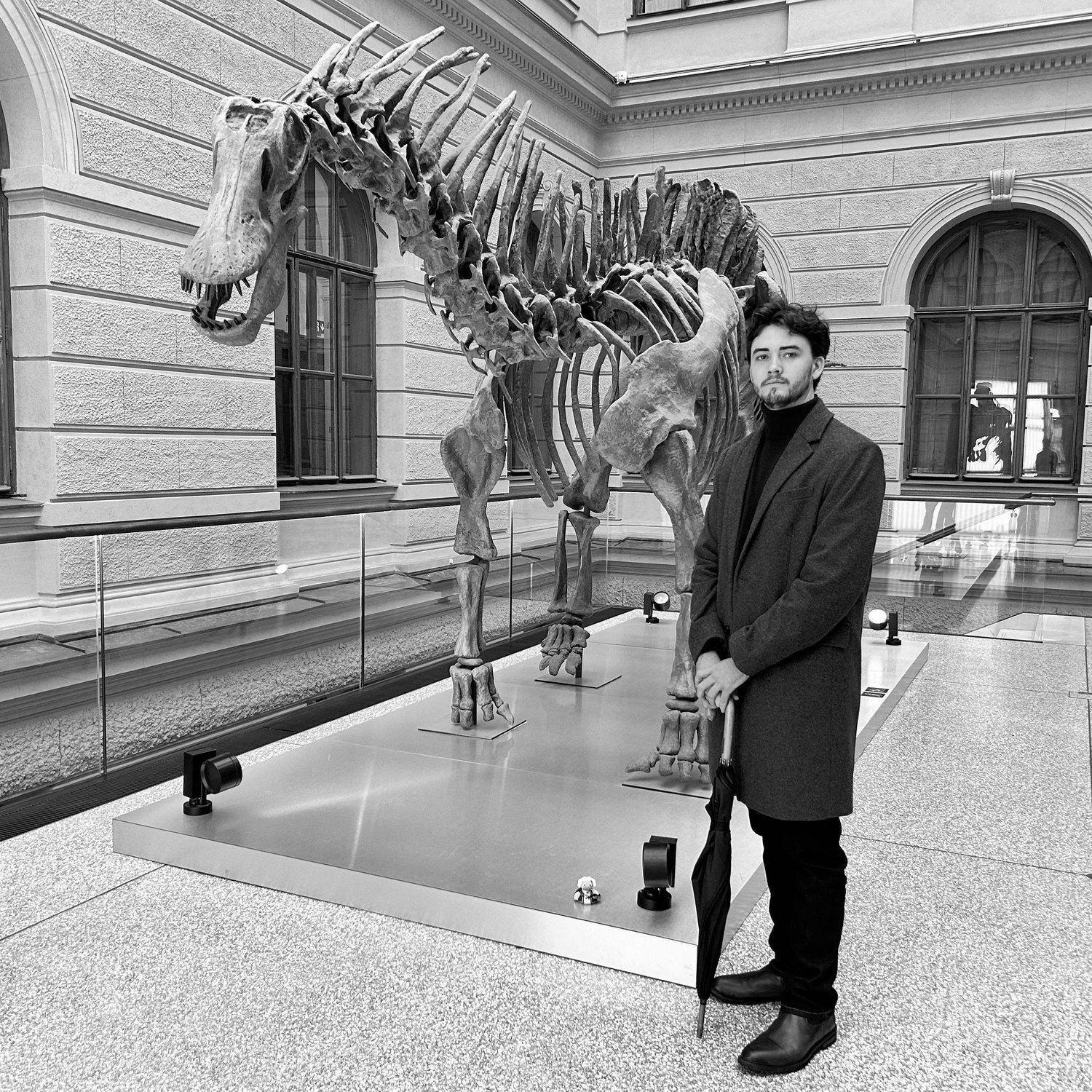 Collin in a museum with Mozart the Duck!
