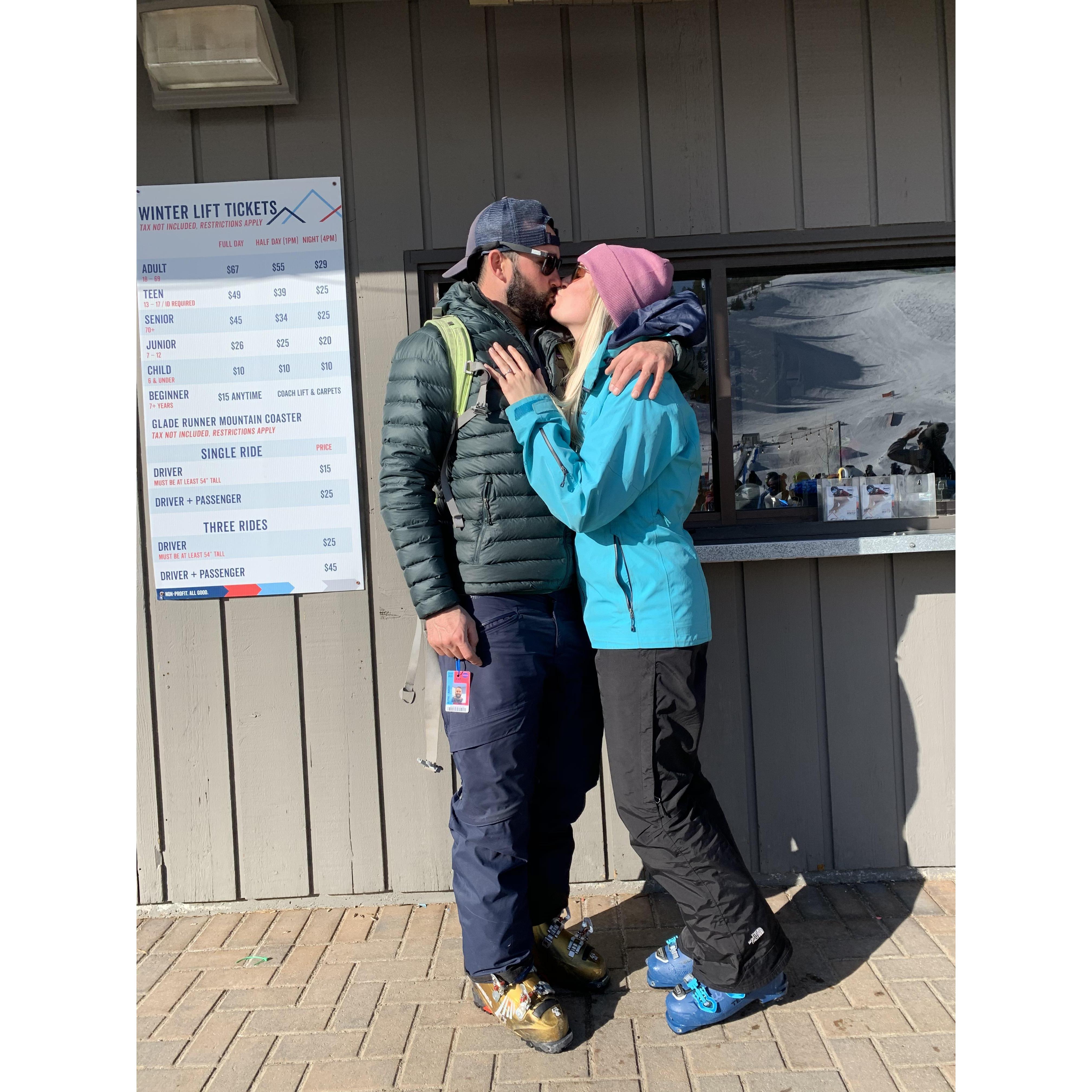 The engagement at their favorite resort done through the ticket window.