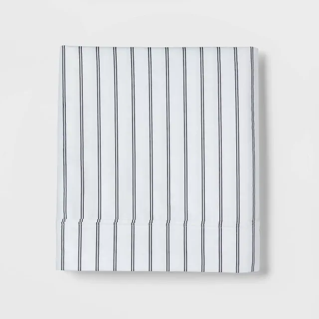 King 400 Thread Count Performance Flat Sheet Navy Stripe - Threshold™: Cotton Sateen, Shrink-Resistant, MADE IN GREEN Certified