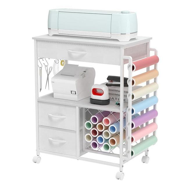 VENNQD Storage Cart Compatible with Cricut Machines Stand Cutting Machine Stand with Drawers and Vinyl Roll Holder Rolling Craft Cabinet Table for Cricut Craft Workstation for Craft Room (White)