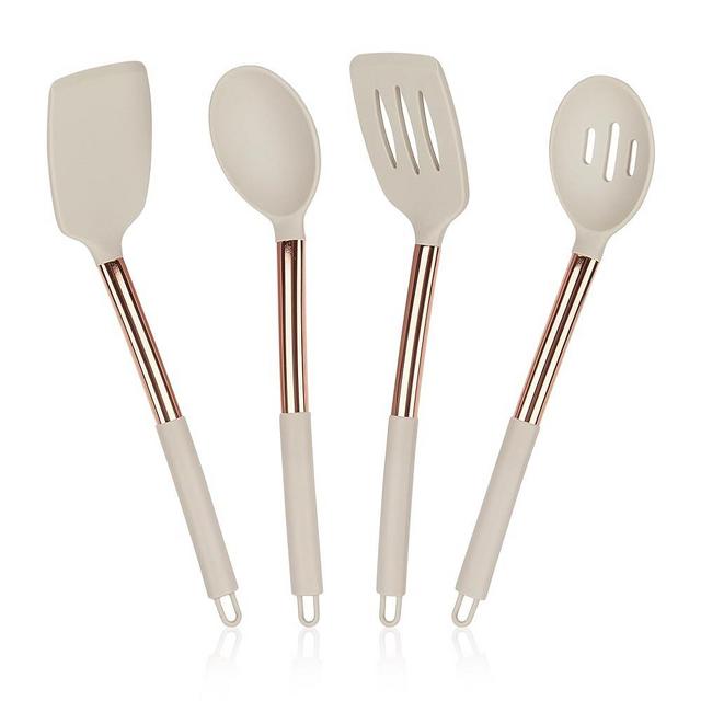 4 Pack Silicone Utensils Set, Non Stick Solid Spatulas, Heat Resistant Rose Gold Khaki Slotted Spoons with Stainless Steel, BPA Free Cooking Turner for Stir-Fry, Frying, Mixing, Draining,Turning