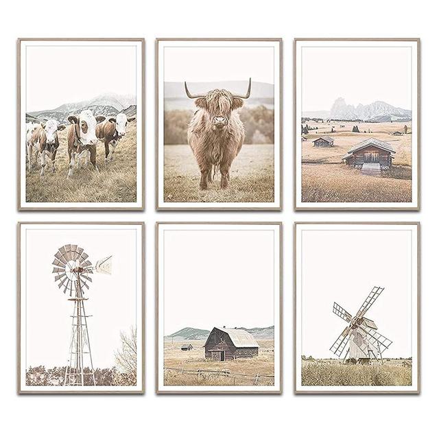 Mirabuy Set of 6 Unframed Farmhouse Wall Art, Farmhouse Kitchen Decor, Highland Cow Wall Art Country Decor, Western Posters Set Rustic Farm Poster (8" x 10")