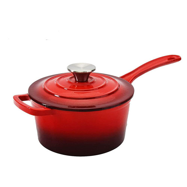 Hamilton Beach 2 Quart Enameled Coated Cast Iron Round Sauce Pan with Lid, Red