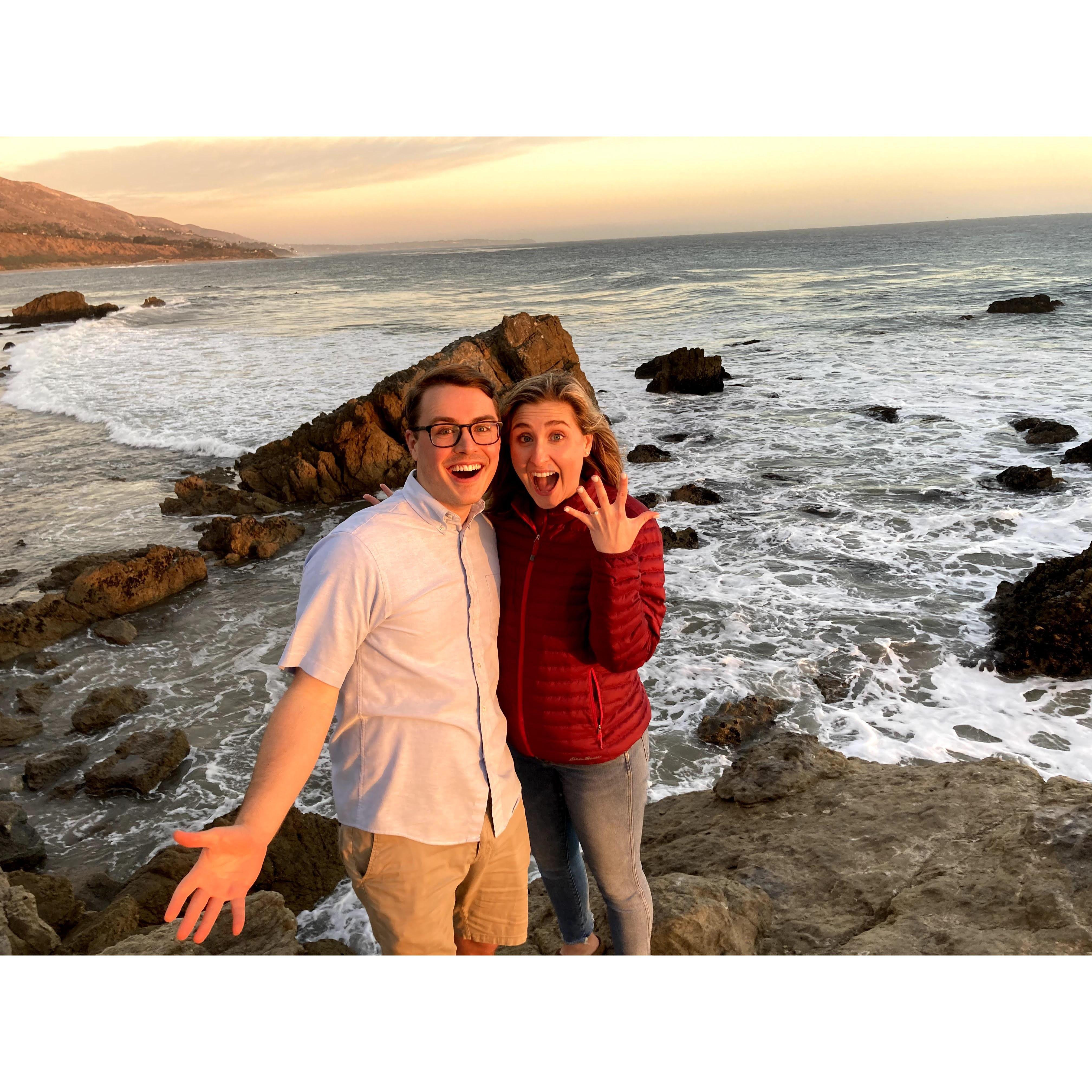 Sage proposed at Leo Carillo Beach in California the day after Christmas. (fun fact, he forgot to take his santa hat off before popping the question) She said yes!