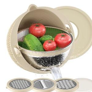 4-1 Colander with Bowl Set - Rotatable Strainers for Kitchen, Food Strainers and Colanders, Funny Presents for Women, Fruit Cleaner, Veggie Wash, Aesthetic Kitchen Gadget Essentials - Beige
