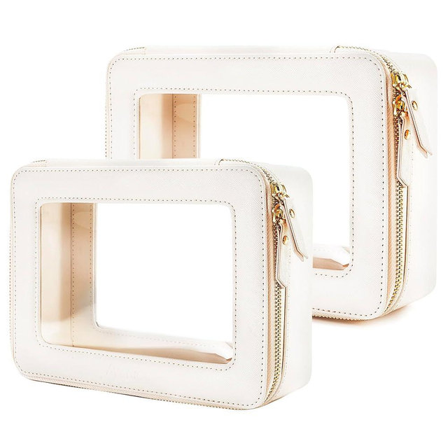 Aveniee Clear Makeup Bag Organizer, Portable Travel Toiletry Cosmetic Case for Women, Vegan Leather Make Up Pouch with Clear Windows & Gold Zippers 2pcs(Middle+Large)- White