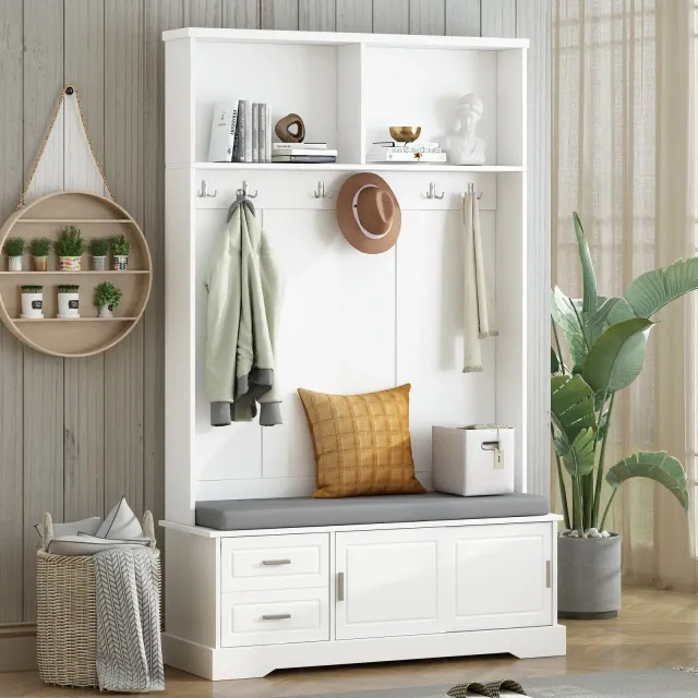 Elegant Hall Tree with Sliding Doors, Versatile Coat Rack with 6 Silvery Hooks & Handles, Mudroom Bench Cabinet with Shoe Storage, White - ModernLuxe