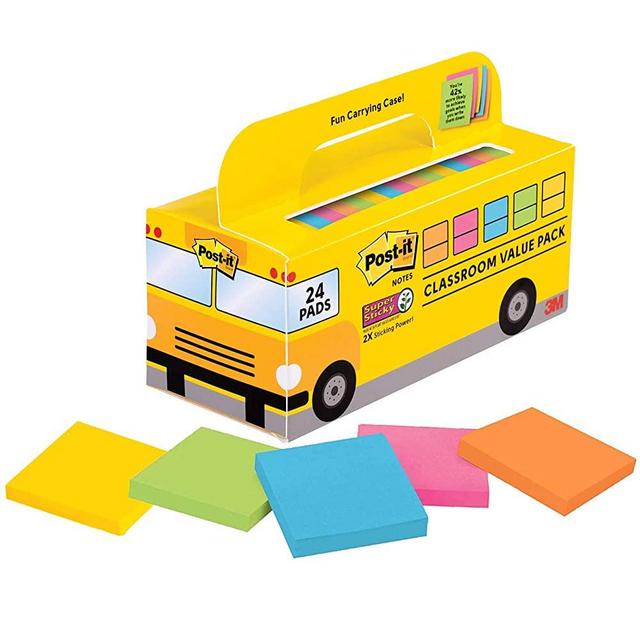 Post-it Super Sticky Notes Value Pack, 24 Pads, Convenient School Bus Carry and Storage Case, 2X The Sticking Power, 3x3 in, Bright Colors (Orange, Pink, Blue, Green, Yellow), Recyclable (654-24SSBUS)