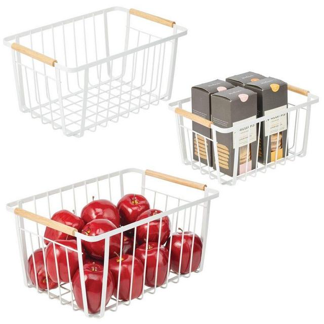mDesign Farmhouse Decor Metal Wire Pantry, Home Organizer Storage Bin Basket - for Cabinets, Shelves, Countertops, Bathroom, Bedroom, Kitchen, Laundry Room, Closet - Set of 3 - Matte White/Wood