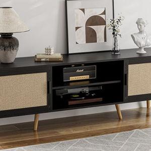 TV Stand for TVs up to 65'', Entertainment Center with Rattan Door, Shelves & 2 Cabinets, Boho Media TV Console for Living Room, Bedroom, Black