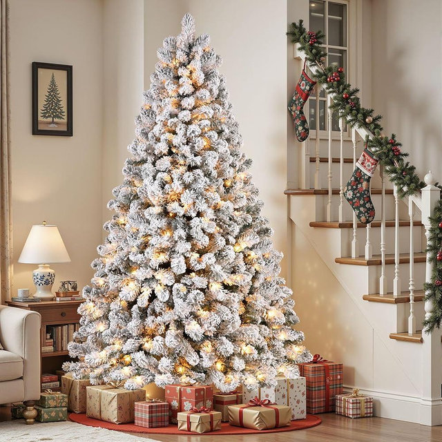 SHareconn 7.5ft Prelit Snow Flocked Spruce Artificial Christmas Tree with 350 Incandescent Warm White Lights, Foldable Stand, Snow Flocked Full Prelighted Xmas Tree W/1170 Branch Tips, 7.5 FT, White