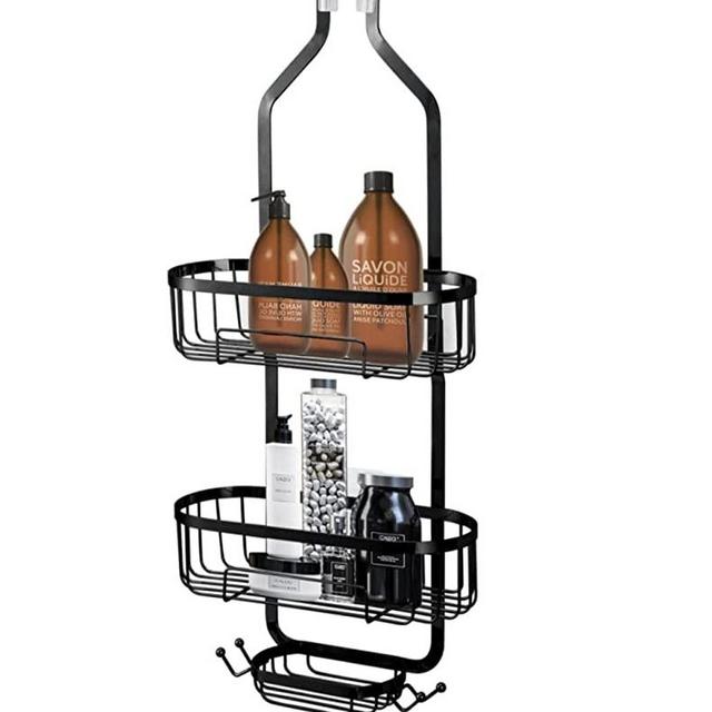 Bathroom Hanging Shower Organizer, Over Head Shower Caddy Basket with Hooks for Razor and Sponge, Rustproof Stainless Steel (Black)