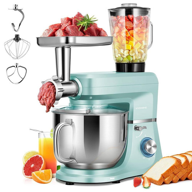 VIVOHOME 6 in 1 Multifunctional Stand Mixer with 8.5 Quart Stainless Steel Bowl, 660W 10 Speed Tilt-Head Meat Grinder, Juice Blender, Vegetable Slicer, Pasta and Cookie Maker, Blue