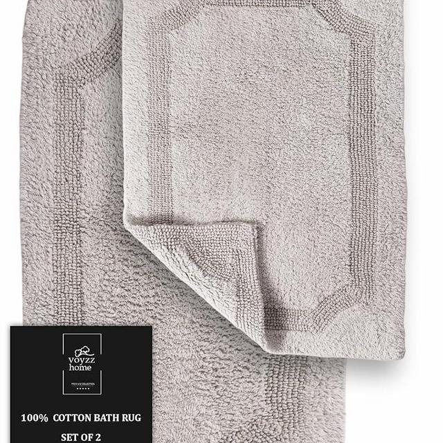 voyzz home Reversible 100% Cotton Bath Mat Set 2 Piece, Soft, Thick, Absorbent and Machine Washable, 17 in x 24 in/20 in x 32 in, Grey