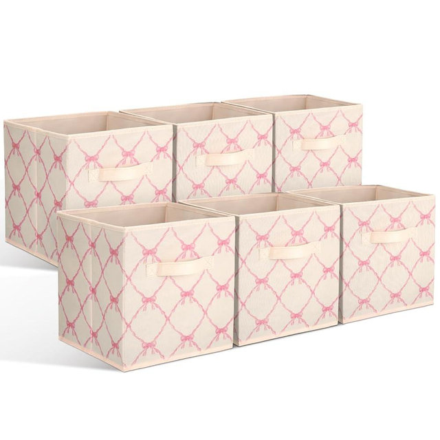 Geelin 6 Pcs Beige Bow Cube Storage Bins 11 Inch Storage Basket with Handle, Preppy Girls Organizer Basket, Collapsible Fabric Box for Classroom Bedrooms Office Home Decoration Gift