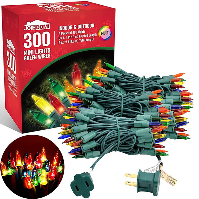 Joiedomi 3 Sets of 100 Counts Multicolor Green Wire Christmas Lights Xmas Bulbs, Green Wire Christmas Lights for Outdoor/Indoor Decorations