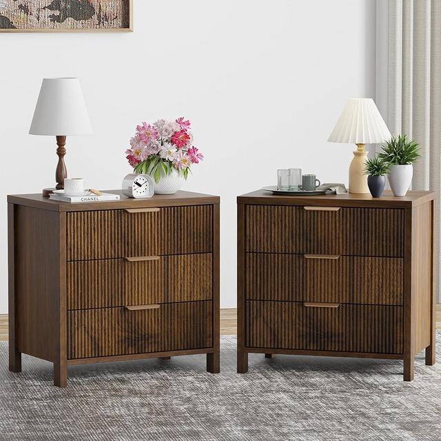 HOCAT Fluted Nightstands Set of 2, 23.7'' Wide Night Stand with 3 Drawers, Mid-Century Modern Bedside Table with Handles, Wood End Table for Bedroom, Walnut