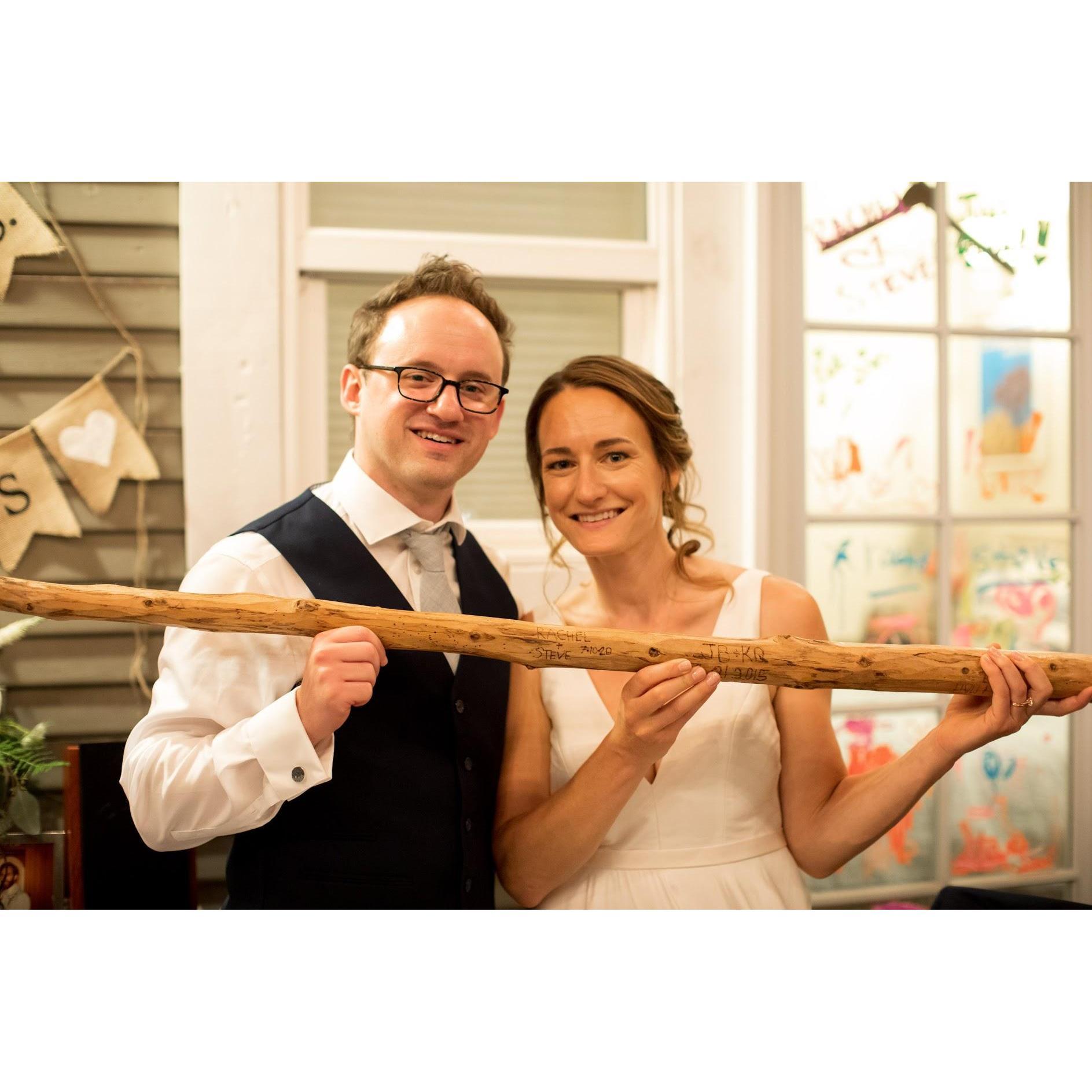 Rachel & Steve with their Camp Tawonga chuppah pole