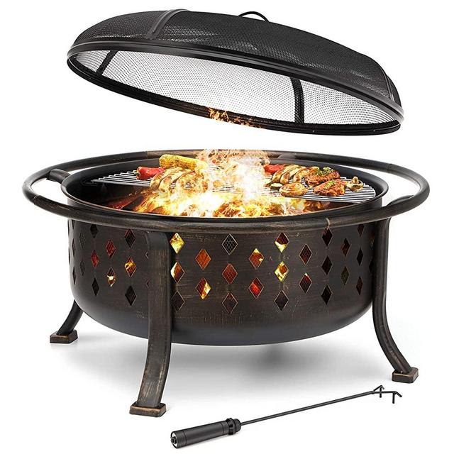 36 Inch Fire Pits for Outside with Cooking Grill Outdoor Wood Burning Multifunctional Large Steel Bronze Bonfire Pit for Patio Backyard Garden with BBQ Grate,Spark Screen,Log Grate,Poker