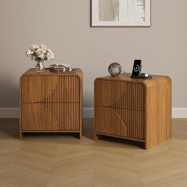 TROJM Nightstand Set of 2,Fluted Nightstand with Charging Station, 20" Side Table with 2 Drawers Modern Night Stand Wooden End Table Bedside Table with Curved Design for Bedroom,Living Room,Walnut