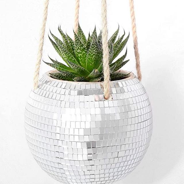 CAIJUDONG Mirror Disco Ball Hanging Planter for Indoor Plants-5.7 Inch Silver Hanging Flower Pot Indoor and Outdoor, Boho Style Ceramic Succulent Plant Pots-Room and Party Decoration, Handmade Gift
