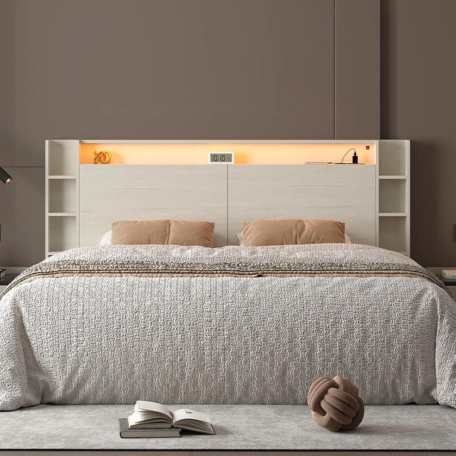 KATYGLORY King Headboard Only with Shelves Storage, Headboards with Charging Station 2 USB Ports and LED Light,Sturdy and Stable Modern Sturdy and Stable Wood Bed Board