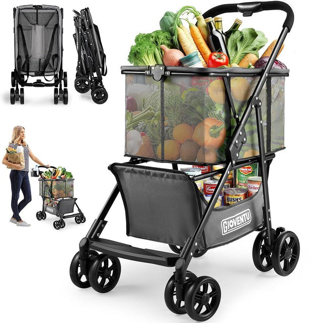 𝐈𝐦𝐩𝐫𝐨𝐯𝐞𝐝 𝐕𝐞𝐫𝐬𝐢𝐨𝐧 Folding Shopping Cart for Groceries, 80lbs Collapsible Grocery Cart with Removable Basket and Swivel Wheels, One-Hand Fold, Portable Personal Stroller Shopping Carts