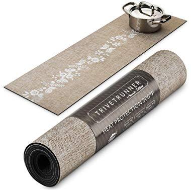 Trivetrunner :Decorative Trivet and Kitchen Table Runners Handles Heat Up to 300F, Anti Slip for Hot Dishes and Pots, Protect Furniture Countertops,Dressers and Island Protector(Jute & flowers)
