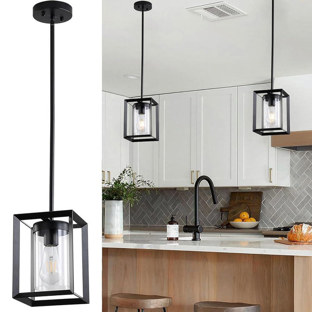 Sheenkarion 2 Pack Farmhouse Black Kitchen Island Pendant Light,Modern Hanging Pendant Light Fixtures with Metal Cage and Clear Glass Shade,Industrial Pendant Lighting for Living Room Bedroom