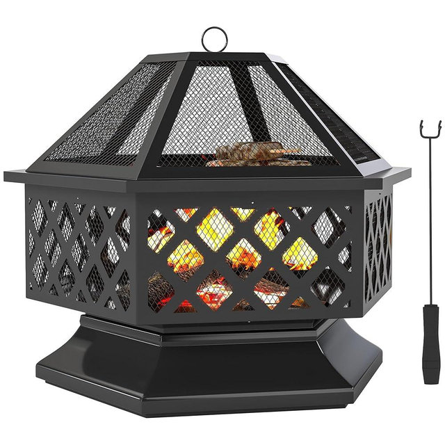 Outsunny 28" Outdoor Fire Pit Grill, Portable Wood Burning Firepit for Outside with Cooking Grate, Fire Poker, Spark Screen Lid, Steel Hexagon Fireplace for Patio Bonfire Backyard BBQ Camping Picnic