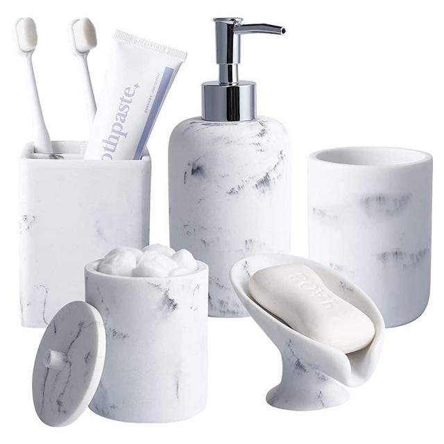 Resin Matte Marble Bathroom Accessory Set of 5, Lotion Soap Dispenser, Bathroom Organizer Accesorios, Toothbrush Holder, Self Draining Soap Hoder and Bathroom Tumbler for Modern Home Decor