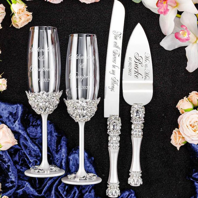 Personalized Crytal Wedding Flute, Cake Server Set