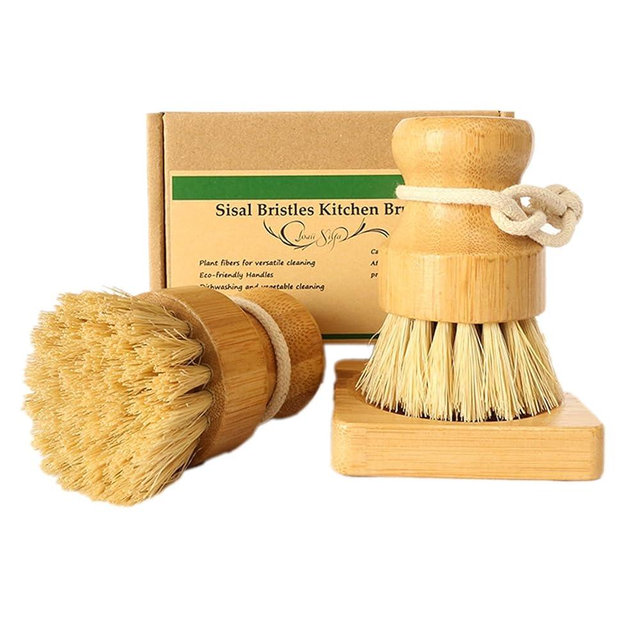 JouiiSiYa Bamboo Palm Dish Brush Set, Natural Bristle Dish Brush with Holder, Eco Friendly Soft Scrub Kitchen Brush for Dishes and Vegetables