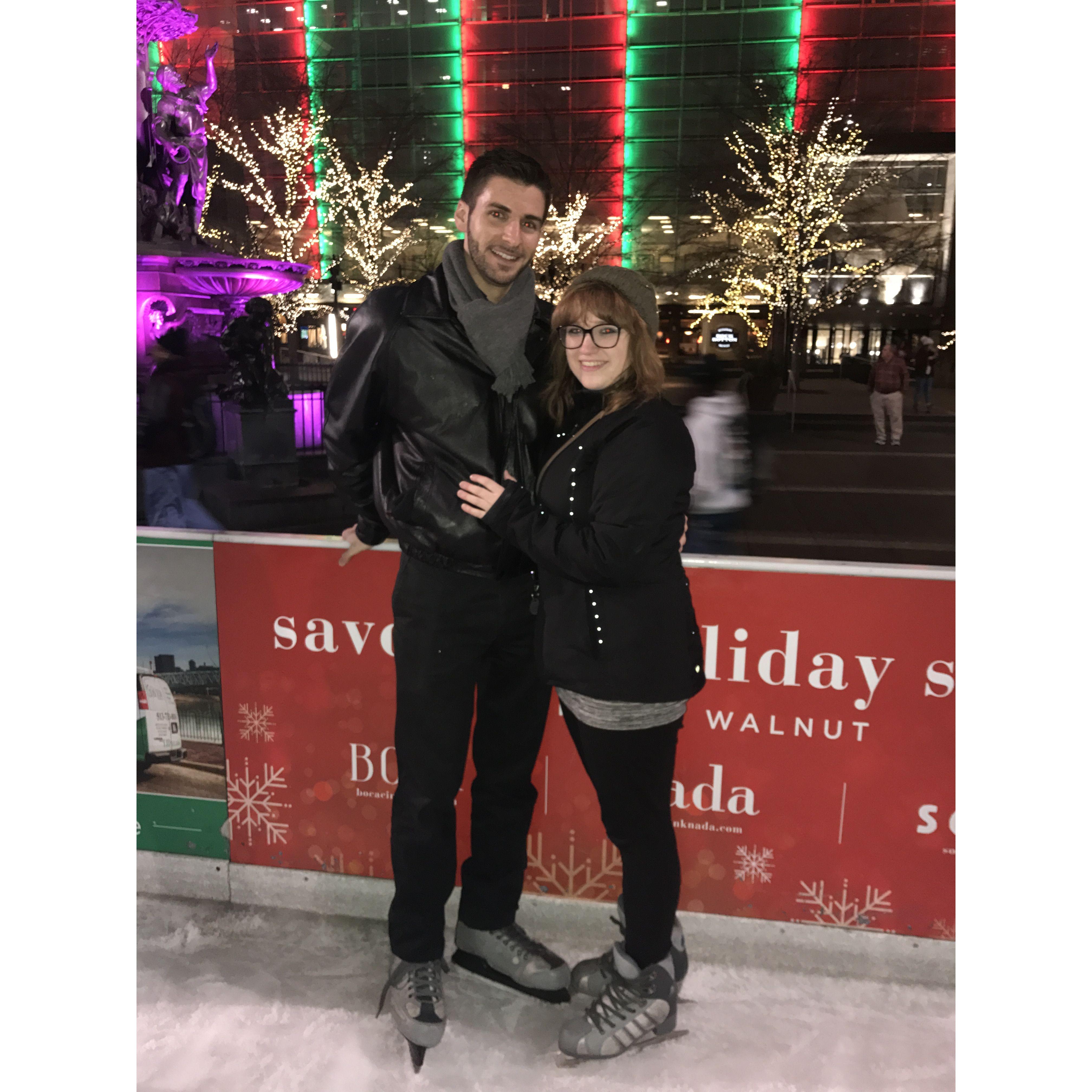 Our second date was ice skating in Fountain Square, 2017.