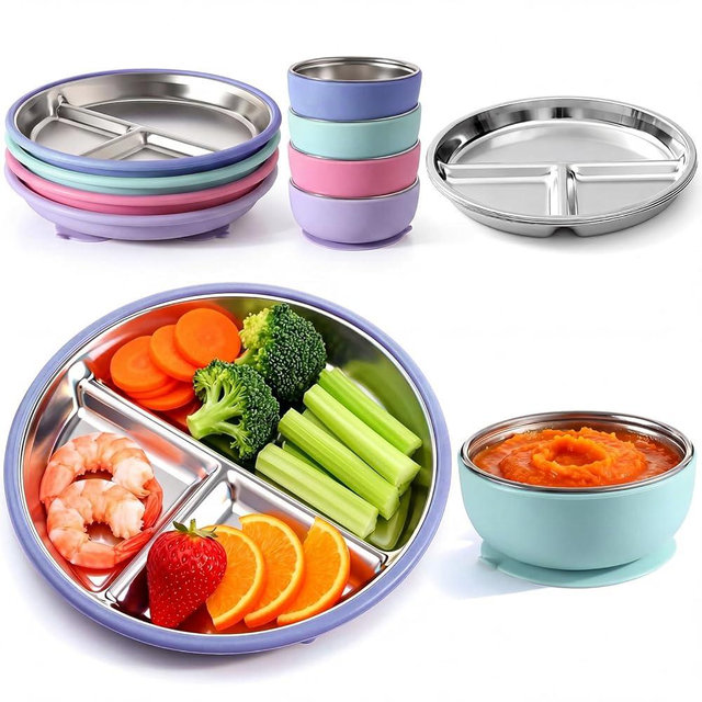 Havawish 8 Pcs Stainless Steel Baby Plate and Bowl with Suction, 8.3" Kid Divided Plate 4" Toddler Bowl with Removable Silicone, BPA-free Non-slip Baby Feed Set Dishwasher Safe for Boy Girl (Gray)