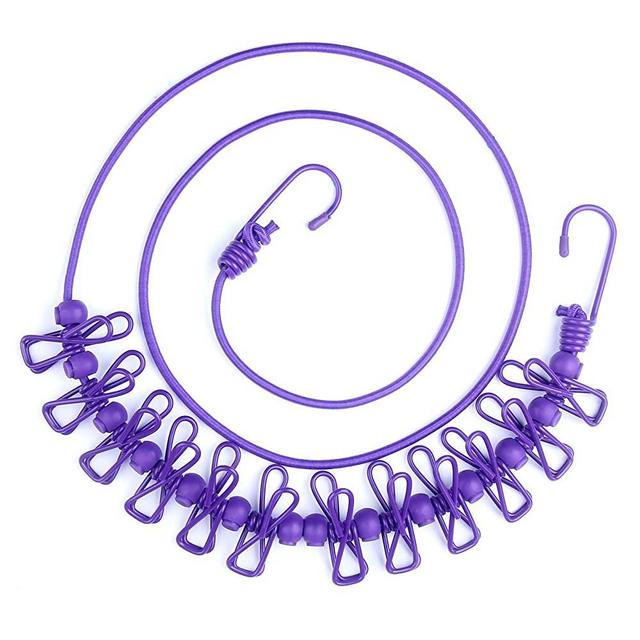 HAWATOUR Portable Travel Elastic Clothesline Adjustable Clothesline with 12pcs Clothespins for Outdoor and Indoor Use (Purple)