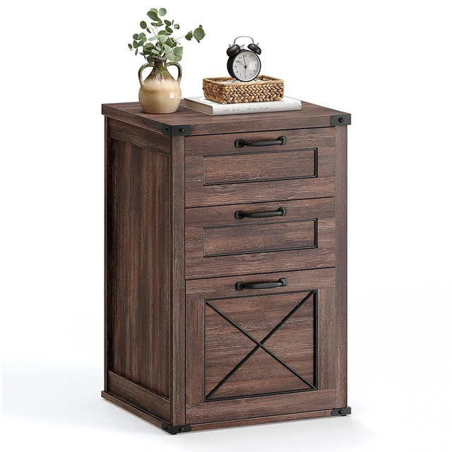 VASAGLE File Cabinet, Filing Cabinet with 3 Drawers, Printer Stand, Fit A4, Letter Size, Hanging File Folders, Modern Farmhouse Style, for Home Office, Maroon Brown UOFC054K02