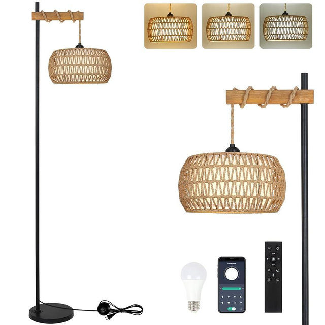 Eayaya Rattan Floor Lamps for Living Room with Remote & Smart LED Bulb, Boho Corner Tall Standing Lamp with Double Shades, Dimmable Stand Up Lamps for Office Bedroom Nursery Study Room