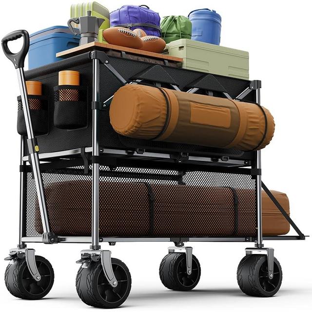 Collapsible Wagon Double Decker, Large Capacity Foldable Wagons Carts Dark Black
