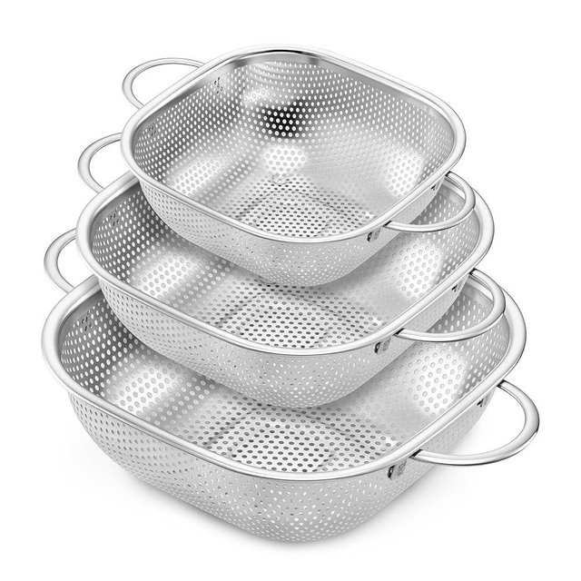 E-far 3 Pack Colander for Kitchen, Square Stainless Steel Metal Strainer Colander with Handle for Draining Food Pasta Vegetable, Micro-Perforated & Elevated Feet, Dishwasher Safe(2.4/4/6QT)