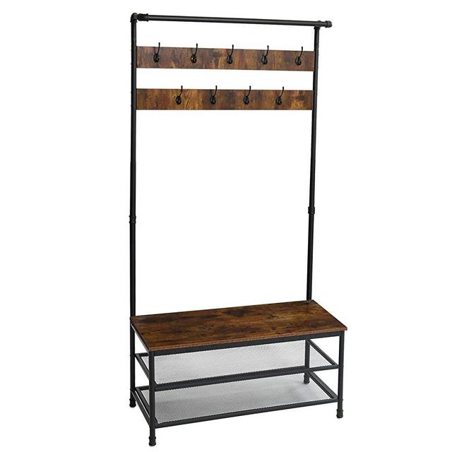 YMYNY Industrial Hall Tree with Storage Shelf, Coat Rack Shoe Bench with 9 Hooks, Large Size Wood Look Accent Furniture for Hallway, Bedroom, Living Room, Easy Assembly, Rustic Brown UTMJ002H