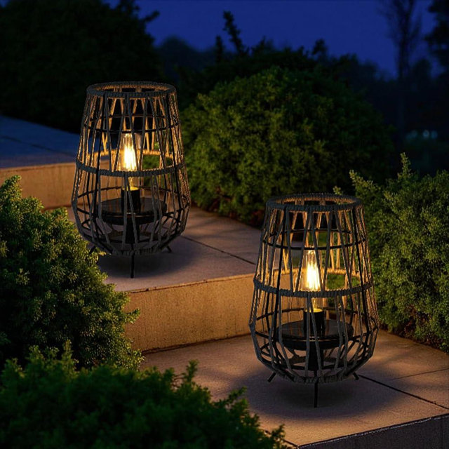 TRIROCKS Set of 2 Solar Lantern Outdoor Table Lamp Outside Hanging Solar Lights with Olifen Rope Waterproof Rattan Outside Deck Light for Patio Garden Lawn Yard (Grey)