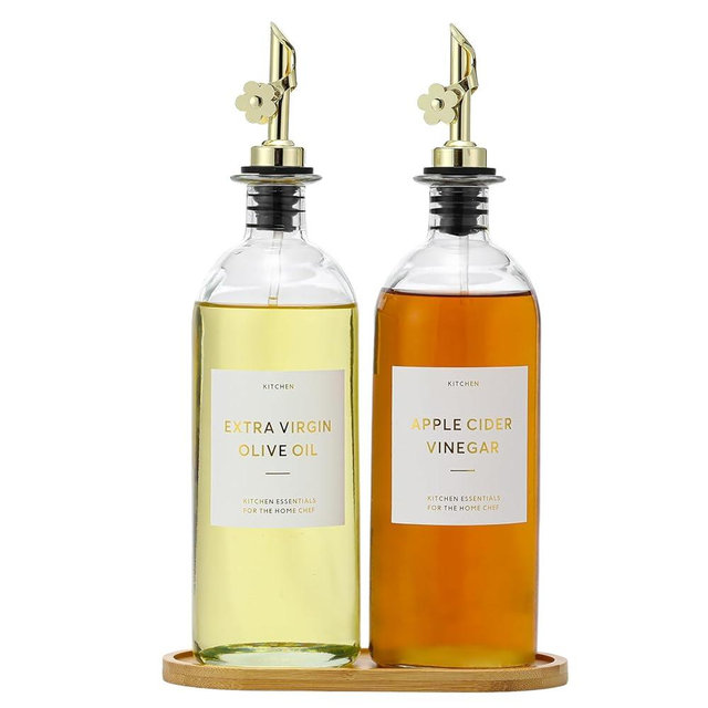 HOMCDALY Olive Oil Dispenser for Kitchen, 11.8oz Glass Dispenser Bottles with Pourer for Kitchen, Oil and Vinegar Dispensers Set, Leakproof Oil Bottle for Cooking| Set of 2 (16oz)