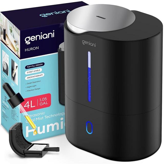 GENIANI Smart Humidifier for Bedroom Large Room, Top Fill Cool Mist Humidifiers 4L with Essential Oil Tray for Home, Baby, Plants, Quiet Air Humidifier Ultrasonic, Easy to Clean, Night Light (Black)