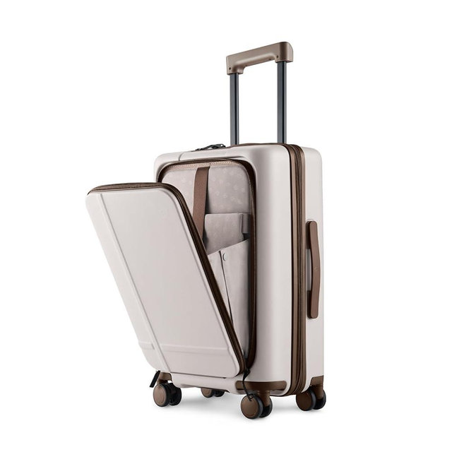 NINETYGO Carry On Luggage 22x14x9 Airline Approved, 20 Inch Suitcase with Front Compartment & Cup Holder, Coffee-Infused PC Hard Shell, Eco-Friendly, TSA Lock, 360° Spinner Wheels (Flat White)
