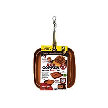 Red Copper Cookware 10- and 12-Inch Square Frying Pan Set of 2 by BulbHead