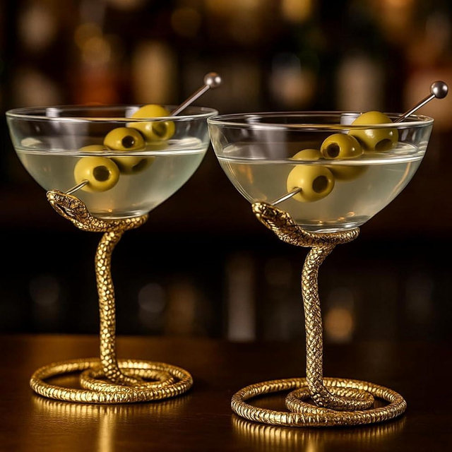Snake Serpent Cocktail Glasses - 2 Set Gold Design Unique Reptile Inspired Barware - Themed Parties Gothic Décor Snake Lover Gifts or Spooky Drinking Glasses Perfect for Mixed Drinks and Entertaining
