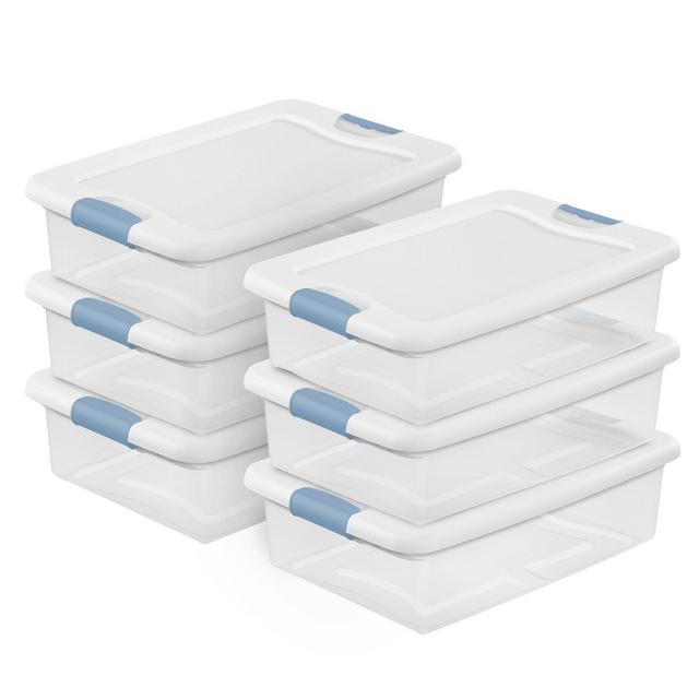 Sterilite 32 Qt Latching Storage Box, Stackable Bin with Latch Lid, Plastic Container to Organize Clothes Underbed, Clear with White Lid, 6-Pack